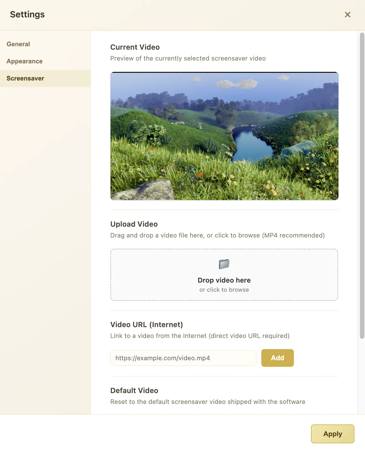 Screensaver Settings panel showing video preview, upload, and streaming options